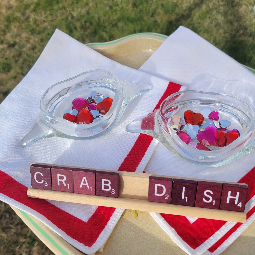 Vintage Glasbake Crab Dishes & Napkins (2) ~ MCM ~ Party ~ Appetizer ~ Seafood